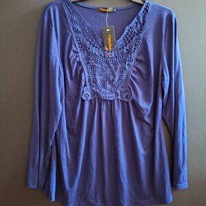NEW Women Long Sleeve V Neck Ruched Pleated Top w/Lace - Size XL